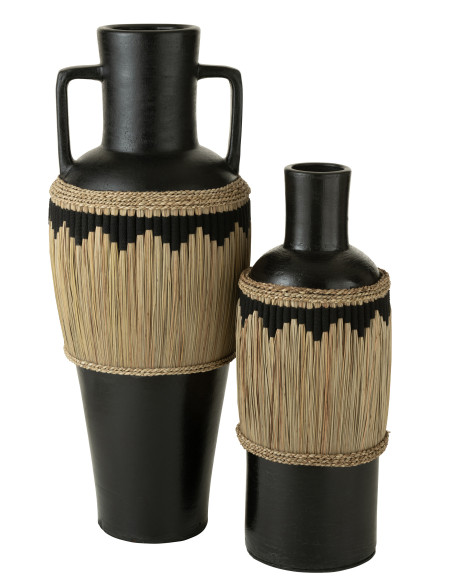 Motif de vase + poignées en terre cuite / jonc de mer noir / naturelJ-Line Motif de vase + poignées en terre cuite / jonc de mer noir / naturelJ-Line