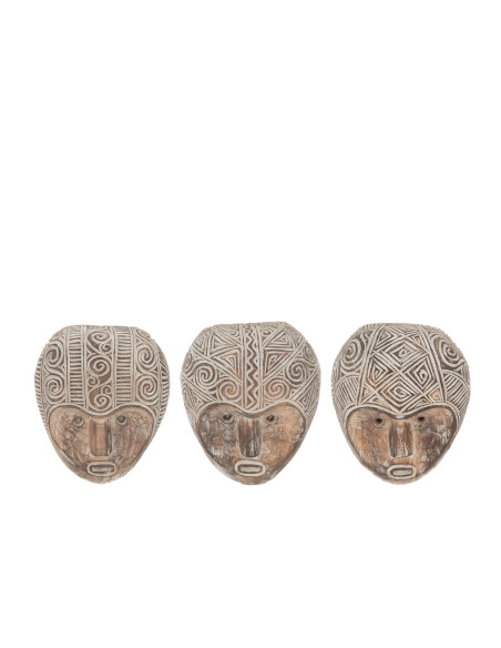 Décoration murale Masque en bois d'albasia primitif marron/blanc Assortiment de 3J-Line