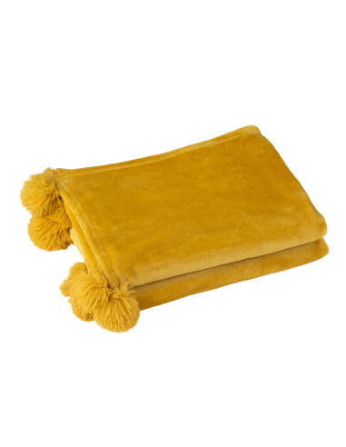 Plaid à pompons en polyester ocreJ-Line