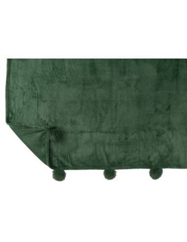 Tissu à carreaux en polyester vert foncé avec pompons.J-Line