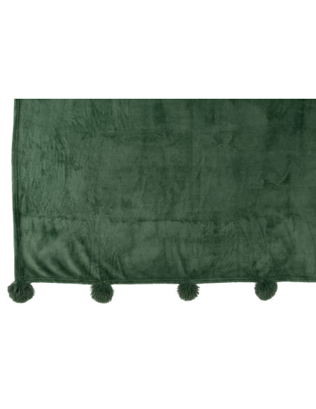 Tissu à carreaux en polyester vert foncé avec pompons.J-Line