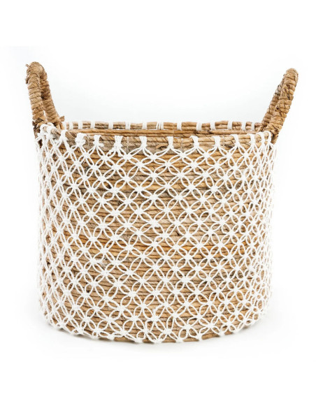 Panier macramé brodé en croix - Naturel Blanc - L