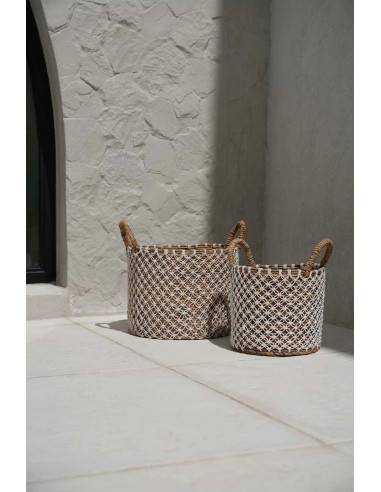 Panier macramé brodé en croix - Naturel Blanc - L