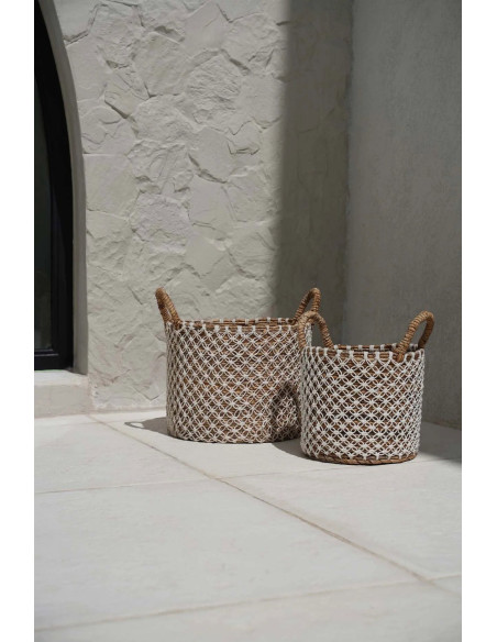 Panier macramé brodé en croix - Naturel Blanc - L
