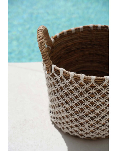 Panier macramé brodé en croix - Naturel Blanc - L