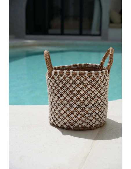 Panier macramé brodé en croix - Naturel Blanc - L