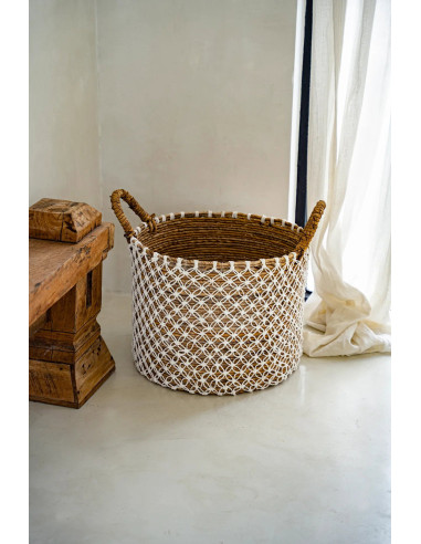 Panier macramé brodé en croix - Naturel Blanc - L