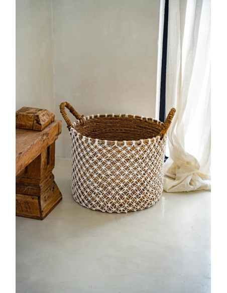 Panier macramé brodé en croix - Naturel Blanc - L