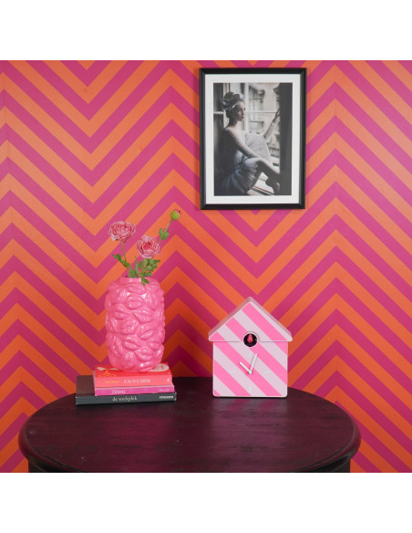 Horloge murale coucou rayures rose 24 x 27 x 9 cm