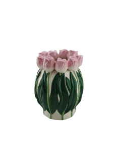 Vase - Tulipes - Dolomite - Rose clair/Vert - 12,5x12,5x16cmHousevitamin