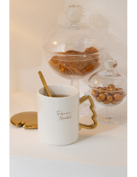 Tasse + Cuillère Noël Céramique Blanc/Or Assortiment De 3J-Line