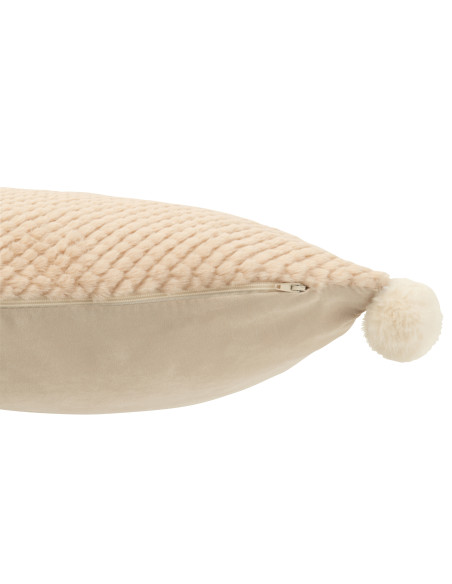 Coussin doux en polyester beige avec pompons.J-Line