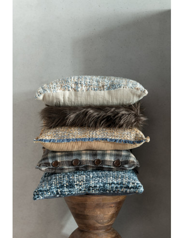Coussin avec des bords effilochés en polyester/coton marron clair/bleuJ-Line47160