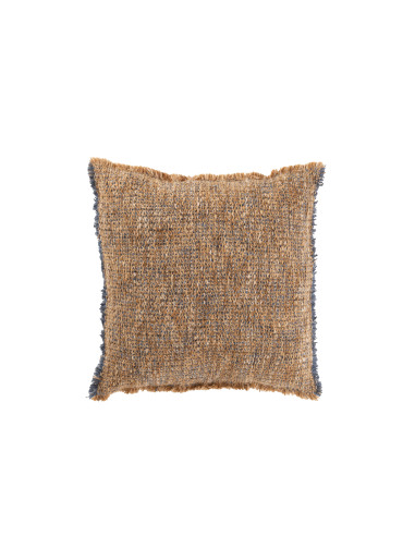 Coussin avec des bords effilochés en polyester/coton marron clair/bleuJ-Line47160