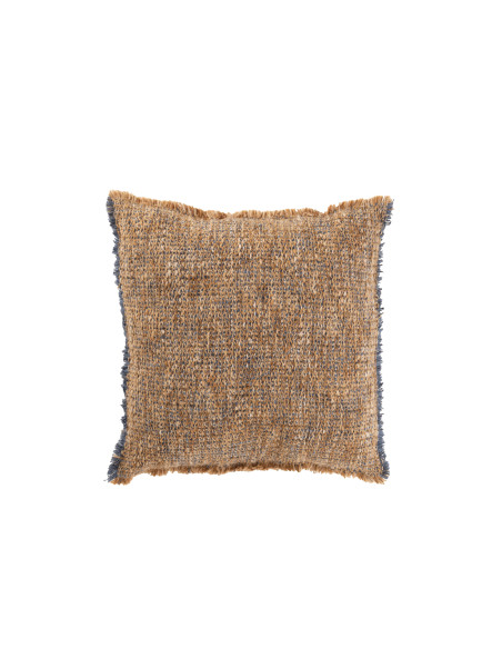 Coussin avec des bords effilochés en polyester/coton marron clair/bleuJ-Line47160