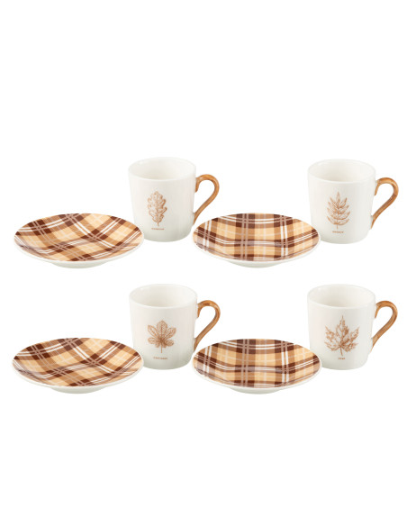 Boîte de 4 tasses à café + soucoupe Feuille Windownbox Céramique Marron PetitJ-Line