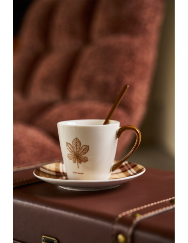 Boîte de 4 tasses à café + soucoupe Feuille Windownbox Céramique Marron PetitJ-Line