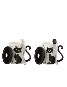 Impression de tasse Chat + Couvercle + Cuillère Porcelaine Blanc / Noir Assortiment de 2J-Line