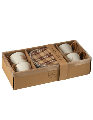Boîte de 4 tasses à thé + soucoupe Feuille Fenêtre en céramique Marron GrandJ-Line