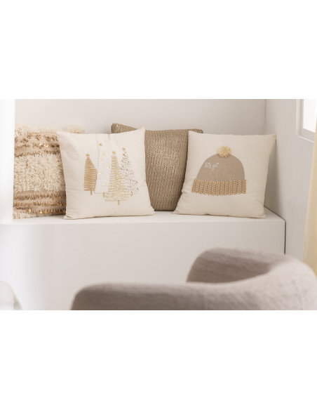 Coussin Sapins de Noël en Coton Blanc/Or en ReliefJ-Line