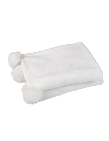 Plaid Pompon Polyester Blanc