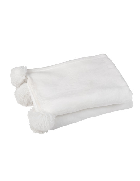 Plaid Pompon Polyester Blanc