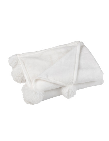 Plaid Pompon Polyester Blanc