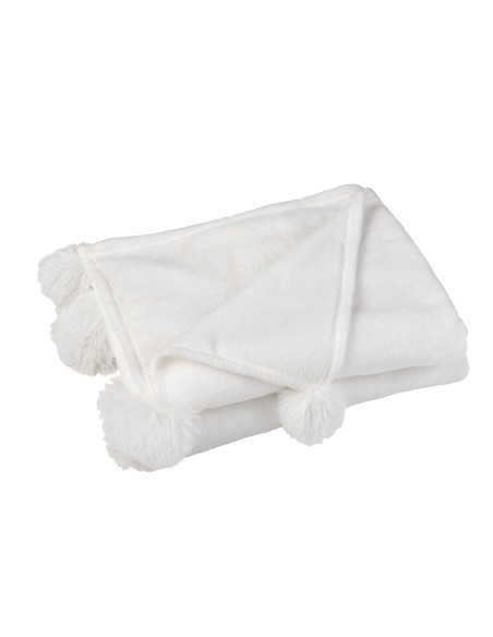 Plaid Pompon Polyester Blanc
