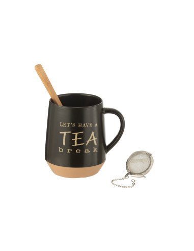 Tasse à thé + cuillère + boule à thé en céramique noireJ-Line